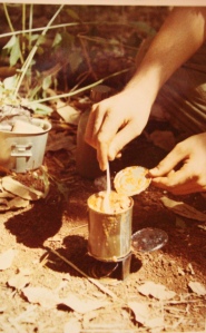cooking c-ration dinner on modified stove